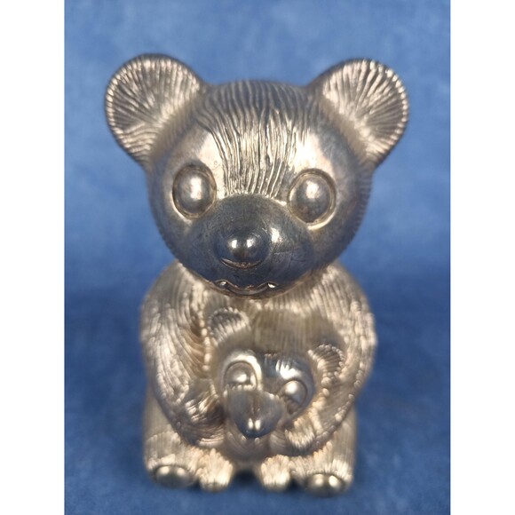 Silver Plated Teddy Bear Piggy Bank Coin Bank With Mom And Bear Cub - Picture 4 of 9